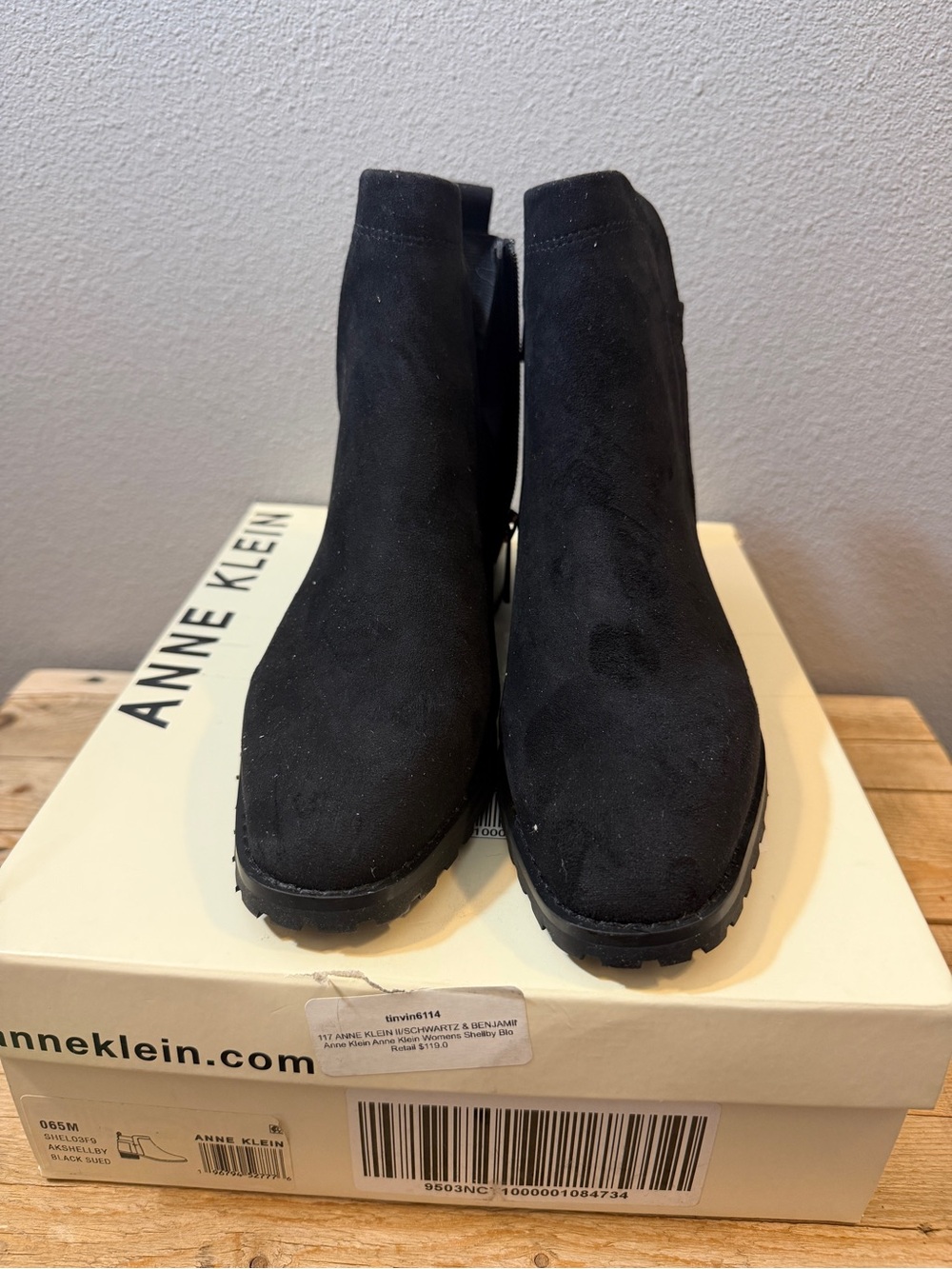 Anne Klein Black Suede Ankle Booties with Lug Sole